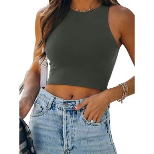 imageREORIA Womens Sexy Sleeveless Racer Back Tank Tops Halter Neck Crop TopsGreen Grey