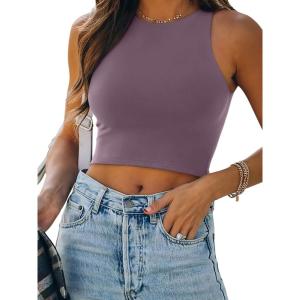 imageREORIA Womens Sexy Sleeveless Racer Back Tank Tops Halter Neck Crop TopsGrey Purple