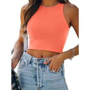 imageREORIA Womens Sexy Sleeveless Racer Back Tank Tops Halter Neck Crop TopsNeon Pink