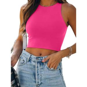 imageREORIA Womens Sexy Sleeveless Racer Back Tank Tops Halter Neck Crop TopsNeon Rose Red