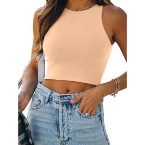 imageREORIA Womens Sexy Sleeveless Racer Back Tank Tops Halter Neck Crop TopsNude