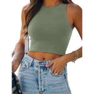 imageREORIA Womens Sexy Sleeveless Racer Back Tank Tops Halter Neck Crop TopsOlive Green