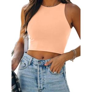 imageREORIA Womens Sexy Sleeveless Racer Back Tank Tops Halter Neck Crop TopsPeach Fuzz