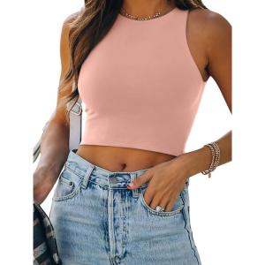 imageREORIA Womens Sexy Sleeveless Racer Back Tank Tops Halter Neck Crop TopsPink