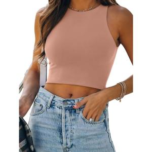 imageREORIA Womens Sexy Sleeveless Racer Back Tank Tops Halter Neck Crop TopsSienna