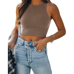 imageREORIA Womens Sexy Sleeveless Racer Back Tank Tops Halter Neck Crop TopsTaupe