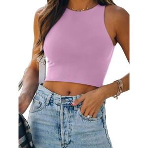 imageREORIA Womens Sexy Sleeveless Racer Back Tank Tops Halter Neck Crop TopsViolet