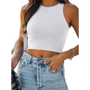 imageREORIA Womens Sexy Sleeveless Racer Back Tank Tops Halter Neck Crop TopsWhite