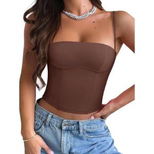 imageREORIA Womens Square Neck Adjustable Straps Backless Y2K Going Out Corset Crop TopsBrown