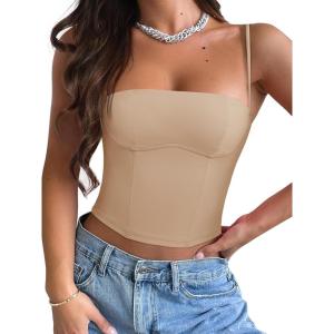 imageREORIA Womens Square Neck Adjustable Straps Backless Y2K Going Out Corset Crop TopsNude