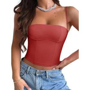 imageREORIA Womens Square Neck Adjustable Straps Backless Y2K Going Out Corset Crop TopsRust Red