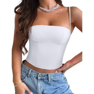 imageREORIA Womens Square Neck Adjustable Straps Backless Y2K Going Out Corset Crop TopsWhite