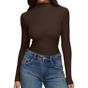 imageREORIA Womens Turtleneck Tops Slim Basic Mock Neck Long Sleeve Shirts 2025 Fall Winter Layering OutfitsCoffee