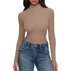 imageREORIA Womens Turtleneck Tops Slim Basic Mock Neck Long Sleeve Shirts 2025 Fall Winter Layering OutfitsKhaki