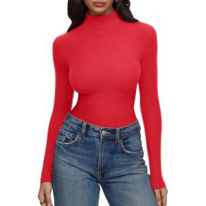 imageREORIA Womens Turtleneck Tops Slim Basic Mock Neck Long Sleeve Shirts 2025 Fall Winter Layering OutfitsRed