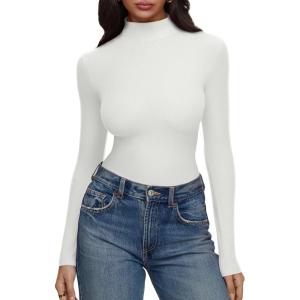 imageREORIA Womens Turtleneck Tops Slim Basic Mock Neck Long Sleeve Shirts 2025 Fall Winter Layering OutfitsWhite