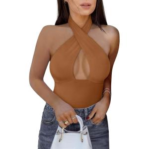 imageREORIA Butsmooth Womens Trendy Sexy Casual V Neck Double Lined Sleeveless Slimming Going Out Tank Top BodysuitsBrown