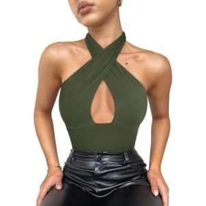 imageREORIA Butsmooth Womens Trendy Sexy Casual V Neck Double Lined Sleeveless Slimming Going Out Tank Top BodysuitsDark Green