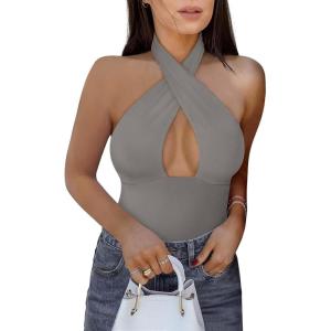 imageREORIA Butsmooth Womens Trendy Sexy Casual V Neck Double Lined Sleeveless Slimming Going Out Tank Top BodysuitsDeep Grey