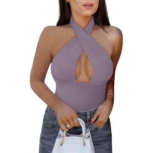 imageREORIA Butsmooth Womens Trendy Sexy Casual V Neck Double Lined Sleeveless Slimming Going Out Tank Top BodysuitsHazy Lilac