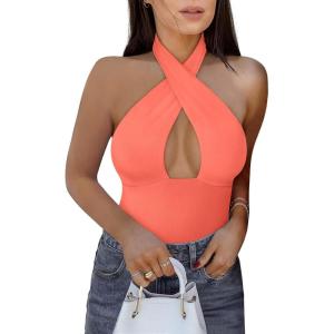 imageREORIA Butsmooth Womens Trendy Sexy Casual V Neck Double Lined Sleeveless Slimming Going Out Tank Top BodysuitsNeon Pink