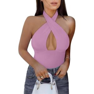 imageREORIA Butsmooth Womens Trendy Sexy Casual V Neck Double Lined Sleeveless Slimming Going Out Tank Top BodysuitsViolet