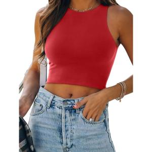 imageREORIA Womens Sexy Sleeveless Racer Back Tank Tops Halter Neck Crop TopsRed