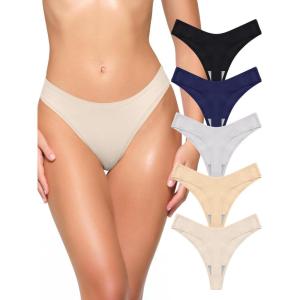imageREORIA Womens Cotton Seamless Thongs Panties for Women No Show Breathable Underwear 5 PackBlackNavy BlueSandGreyBeige Pack