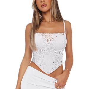 imageREORIA Womens Trendy Sexy Lace Strap Zip Back Going Out Boned Bustier Corset Tank Top With Built In BraWhite