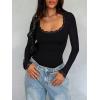 imageREORIA Womens Sexy Lace Scoop Neck Long Sleeve Double Lined Layering Slim Bodysuit TopsBlack