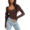 imageREORIA Womens Sexy Lace Scoop Neck Long Sleeve Double Lined Layering Slim Bodysuit TopsShaved Chocolate