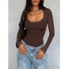imageREORIA Womens Sexy Lace Scoop Neck Long Sleeve Double Lined Layering Slim Bodysuit TopsShaved Chocolate