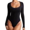 imageREORIA Womens Sexy Lace Scoop Neck Long Sleeve Double Lined Layering Slim Bodysuit TopsBlack