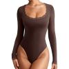 imageREORIA Womens Sexy Lace Scoop Neck Long Sleeve Double Lined Layering Slim Bodysuit TopsShaved Chocolate