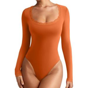 imageREORIA Womens Sexy Lace Scoop Neck Long Sleeve Double Lined Layering Slim Bodysuit TopsHarvest Pumpkin