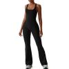 imageREORIA Women Trendy Summer Sexy Scoop Neck Sleeveless Backless Full Body Tummy Control Workout Bodycon Flare JumpsuitsBlack