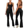 imageREORIA Women Trendy Summer Sexy Scoop Neck Sleeveless Backless Full Body Tummy Control Workout Bodycon Flare JumpsuitsBlack