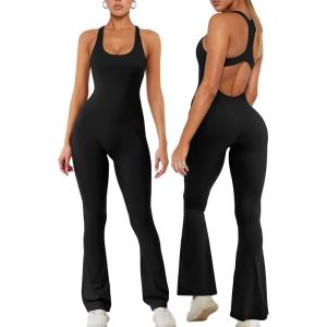 imageREORIA Women Trendy Summer Sexy Scoop Neck Sleeveless Backless Full Body Tummy Control Workout Bodycon Flare JumpsuitsBlack