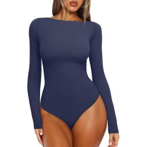 imageREORIA Womens Boat Neck Long Sleeve Bodysuit Basic Going Out Body Suits Tops 2025Deep Blue