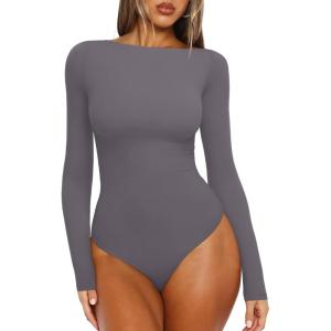imageREORIA Womens Boat Neck Long Sleeve Bodysuit Basic Going Out Body Suits Tops 2025Deep Grey