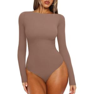 imageREORIA Womens Boat Neck Long Sleeve Bodysuit Basic Going Out Body Suits Tops 2025Latte