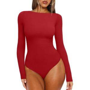 imageREORIA Womens Boat Neck Long Sleeve Bodysuit Basic Going Out Body Suits Tops 2025Red