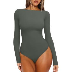 imageREORIA Womens Boat Neck Long Sleeve Bodysuit Basic Going Out Body Suits Tops 2025Thyme Green