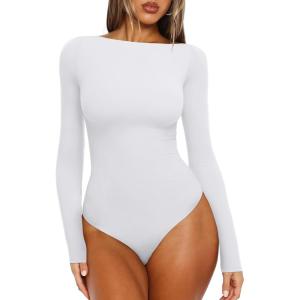 imageREORIA Womens Boat Neck Long Sleeve Bodysuit Basic Going Out Body Suits Tops 2025White