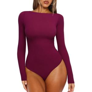 imageREORIA Womens Boat Neck Long Sleeve Bodysuit Basic Going Out Body Suits Tops 2025Wine Red