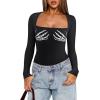 imageREORIA Womens Basic Lightweight Layering Sexy Slim Square Neck Long Sleeve Bodysuit TopsBone Chill