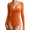 imageREORIA Womens Basic Lightweight Layering Sexy Slim Square Neck Long Sleeve Bodysuit TopsHarvest Pumpkin