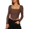 imageREORIA Womens Sexy Square Neck Long Sleeve Backless Going Out Boned Bustier Corset Crop TopsCoffee