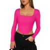 imageREORIA Womens Sexy Square Neck Long Sleeve Backless Going Out Boned Bustier Corset Crop TopsNeon Rose Red