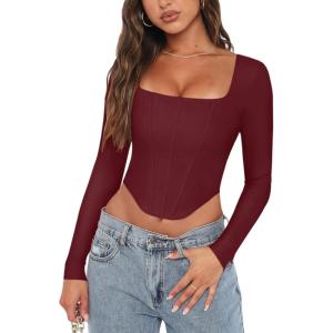 imageREORIA Womens Sexy Square Neck Long Sleeve Backless Going Out Boned Bustier Corset Crop TopsBurgundy